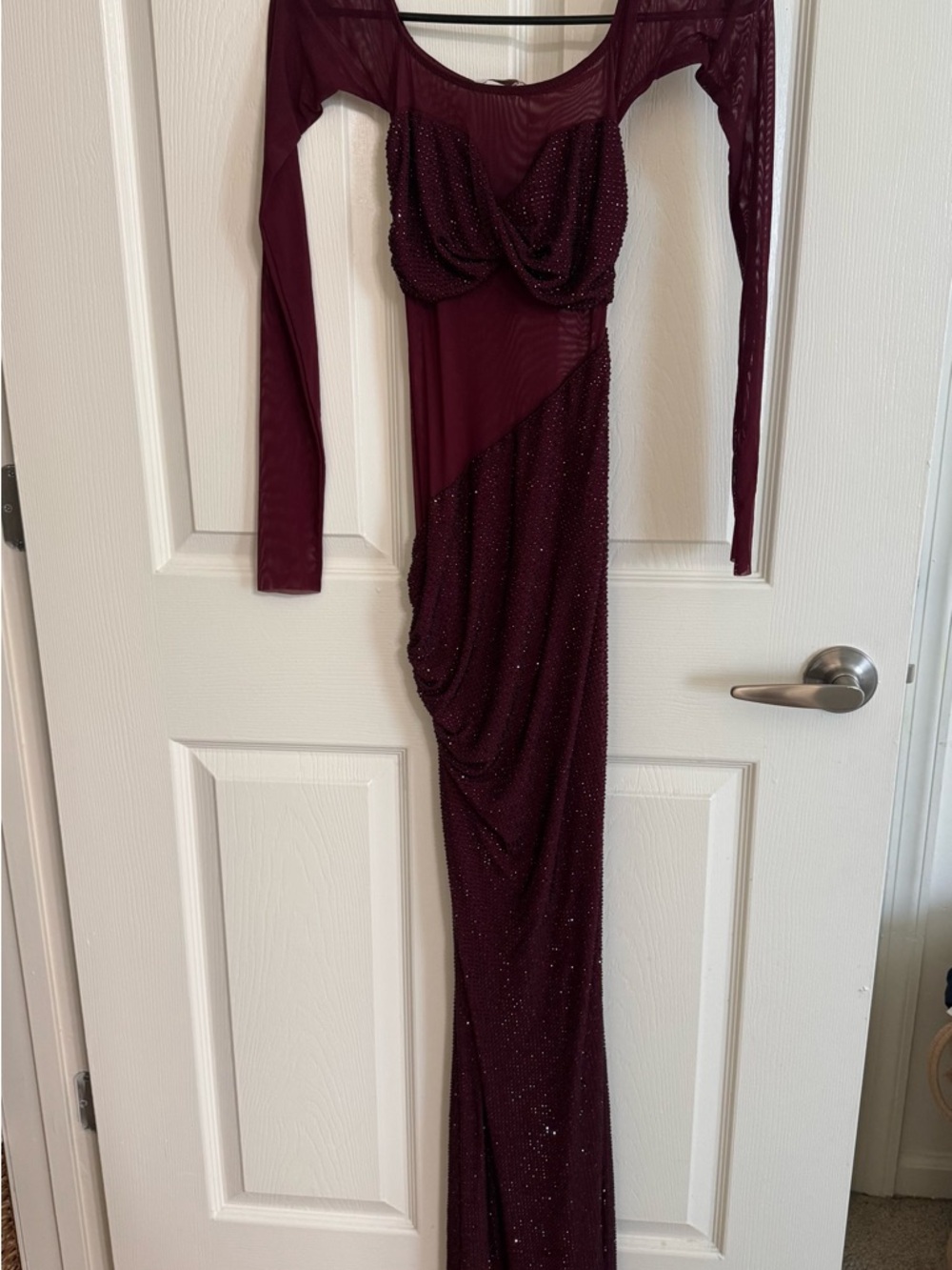 Meshki Wine Long Sleeve Ruched Evening Gown